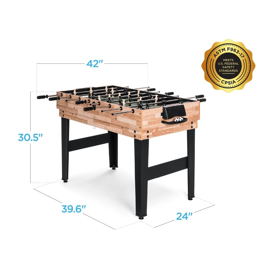 10-in-1 Combo Game Room Table Set Pool, Foosball, Ping Pong, Chess with dimensions and certification seal