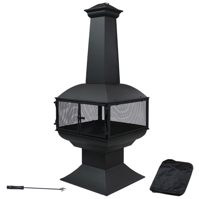 Large Black Outdoor Steel Chimenea Wood Burning Fire Pit with accessories including grate, poker, cover, and ash pan