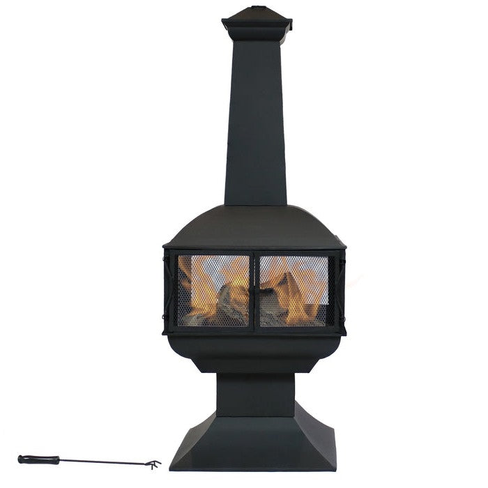 Large Black Outdoor Steel Chimenea Wood Burning Fire Pit with poker tool, offering a 360-degree view and enhanced airflow.