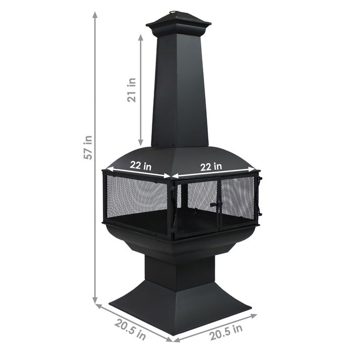 Large Black Outdoor Steel Chimenea Wood Burning Fire Pit with dimensions and 360-degree view, includes grate and accessories.