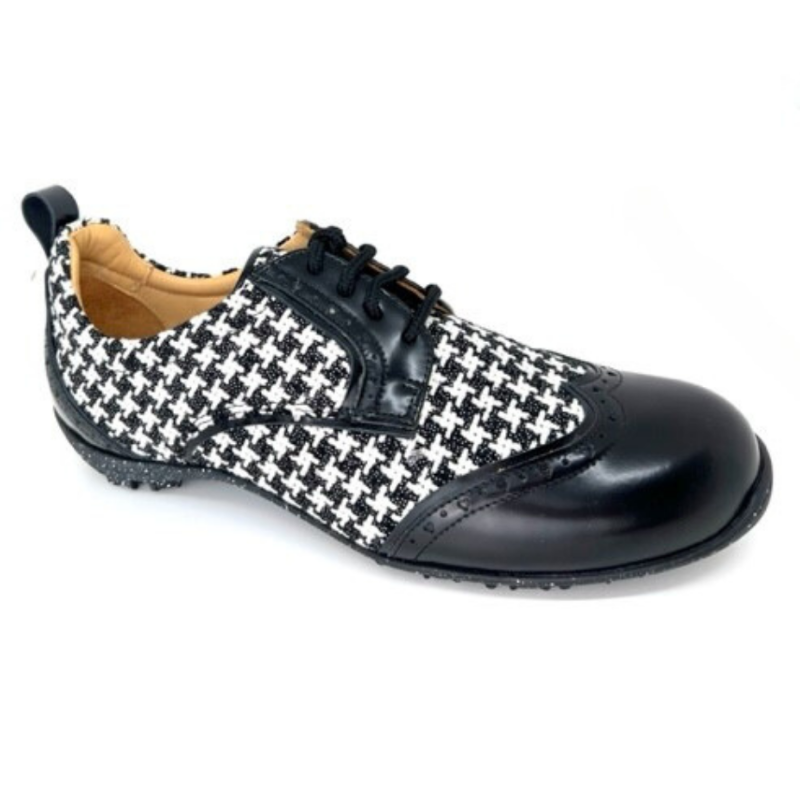 WesTees Javi shoe featuring classic black and white Houndstooth pattern with black wingtip toe, engineered for comfort and performance.