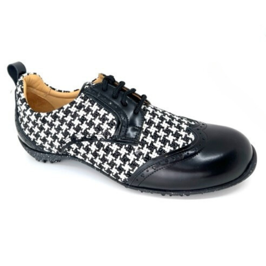 WesTees Javi shoe featuring classic black and white Houndstooth pattern with black wingtip toe, engineered for comfort and performance.