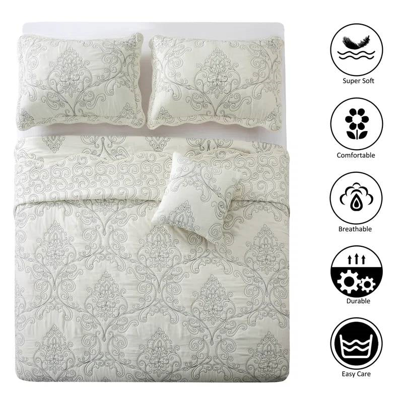 King size Antique White Damask Embroidered 4 Piece Oversized Bedspread Set with pillows and quilted pattern