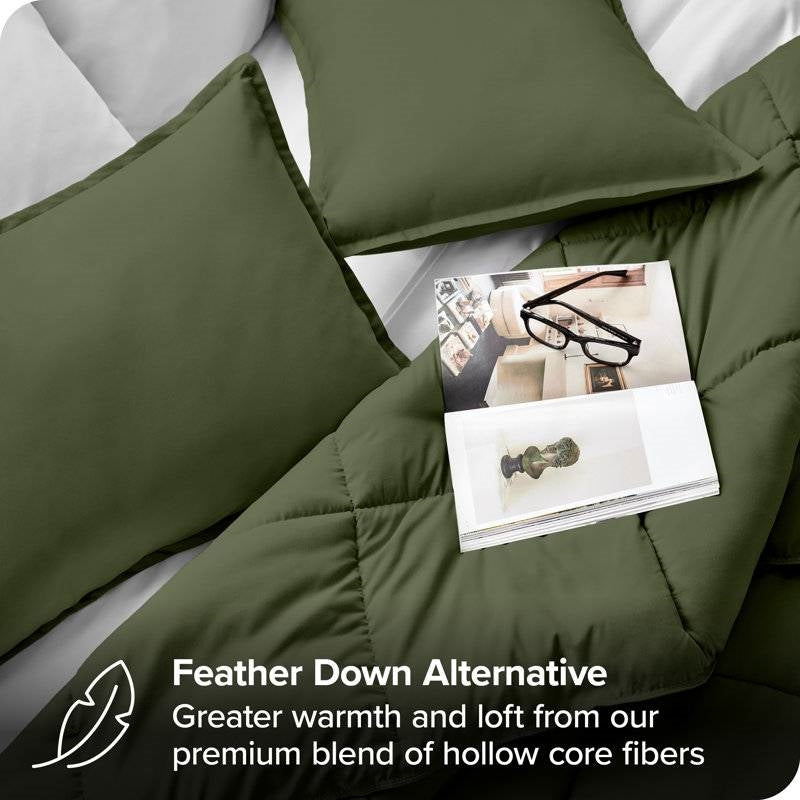 King/Cal King Wrinkle-Resistant Down Alternative Comforter Set in Olive Green with pillows and magazine