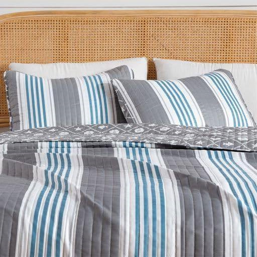 King 3 Piece Coastal Starfish Sand Dollar Grey Blue White Nautical Quilt Set with striped pattern and coastal motifs