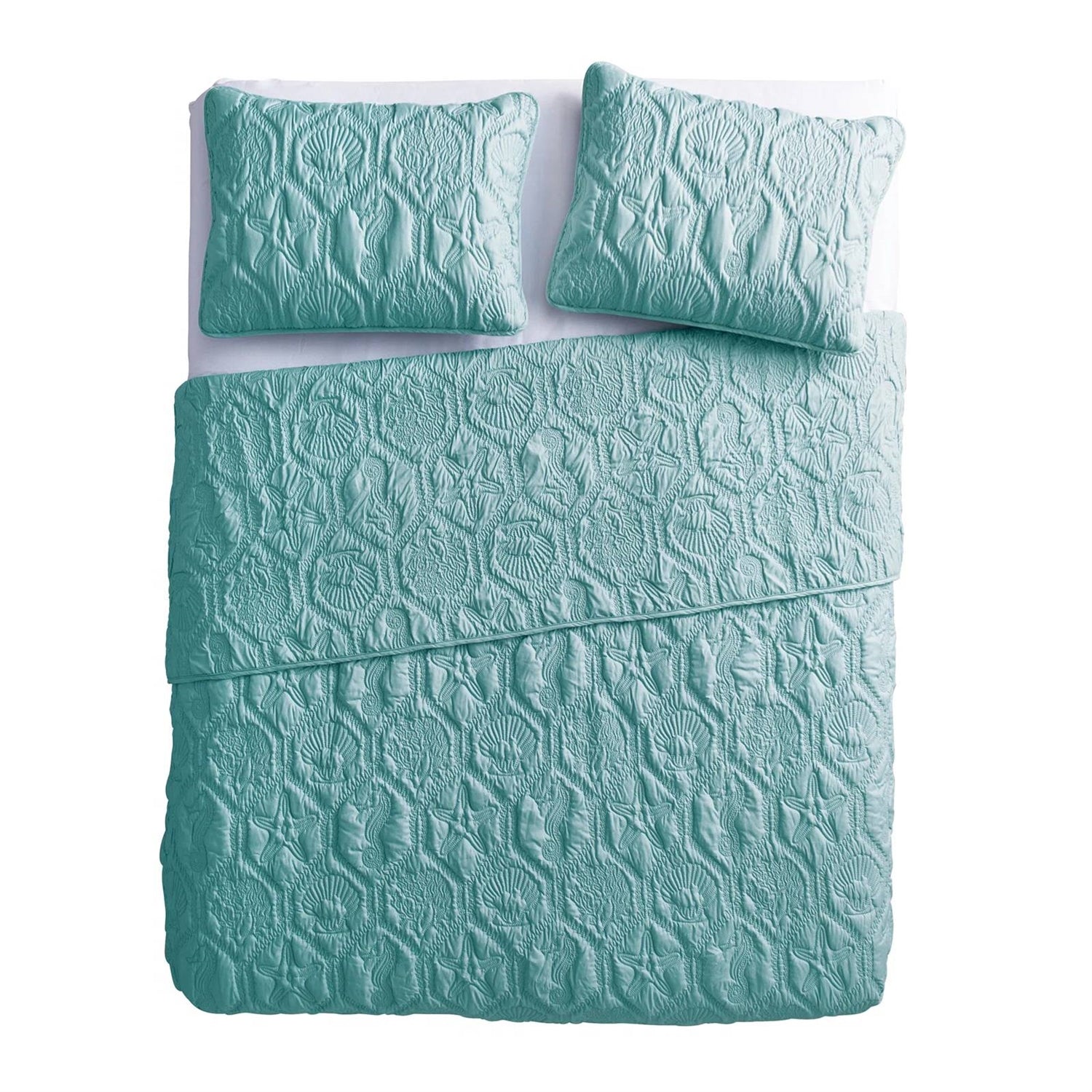 King Coastal Beach Starfish Seashell Seahorse Aqua Blue Teal 3-Piece Quilt Set with embossed sea life pattern and shams
