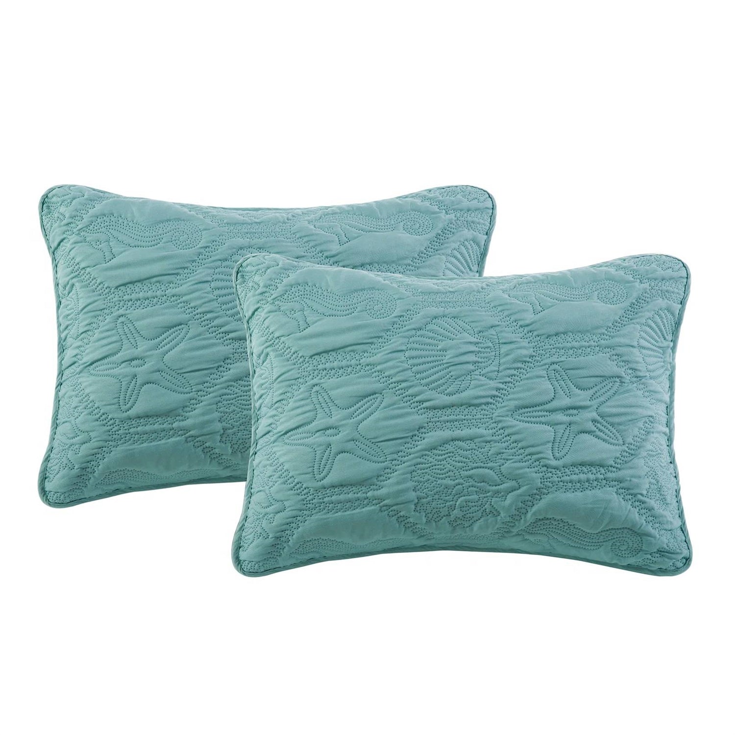 King Coastal Beach Starfish Seashell Seahorse Aqua Blue Teal 3-Piece Quilt Set shams with embossed sea life pattern