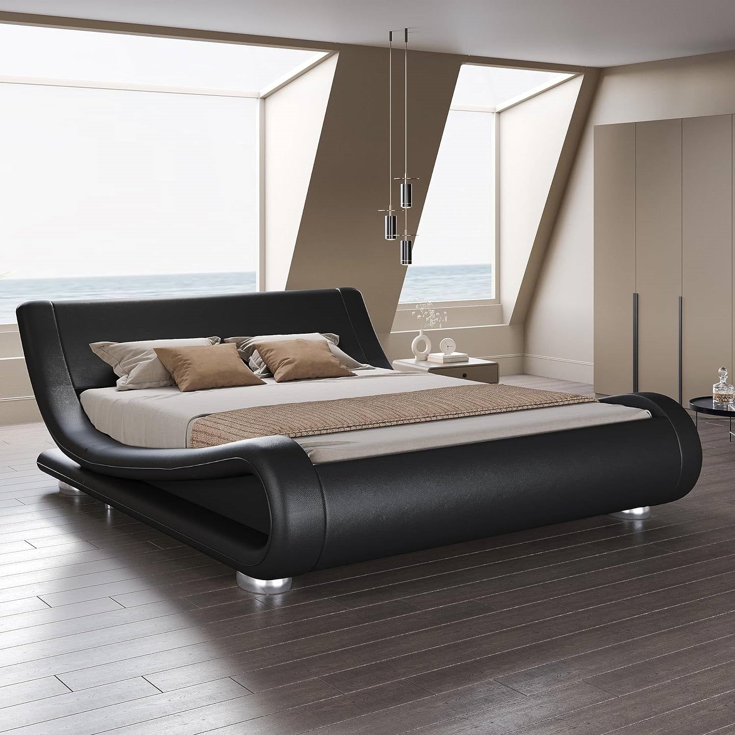 King Modern Black Upholstered Platform Bed Frame with Sleigh Curved Headboard in contemporary bedroom