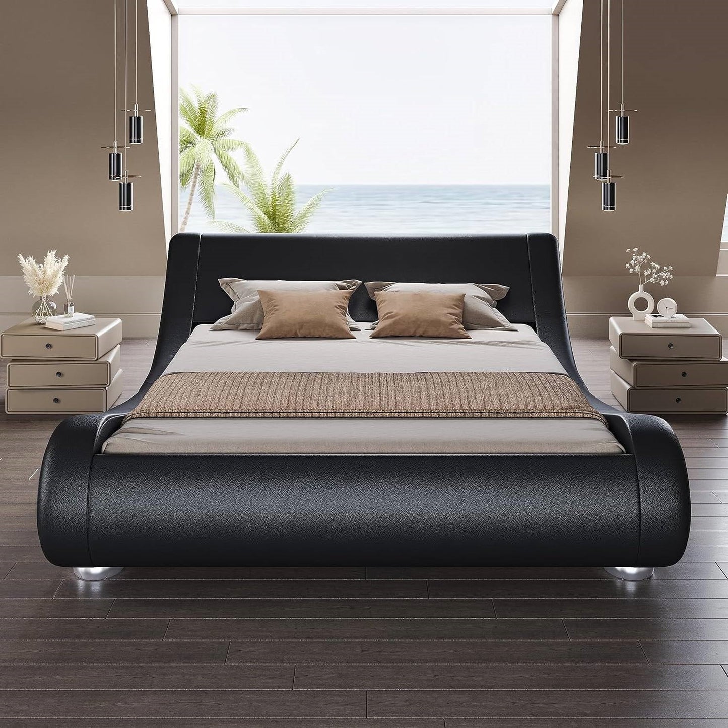 King Modern Black Upholstered Platform Bed Frame with Sleigh Curved Headboard in a contemporary bedroom setting
