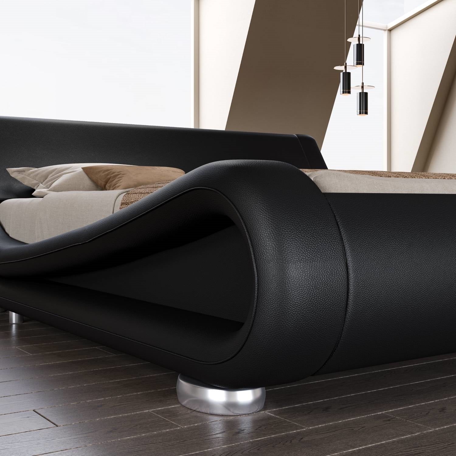 King Modern Black Upholstered Platform Bed Frame with Sleigh Curved Headboard in contemporary bedroom setting