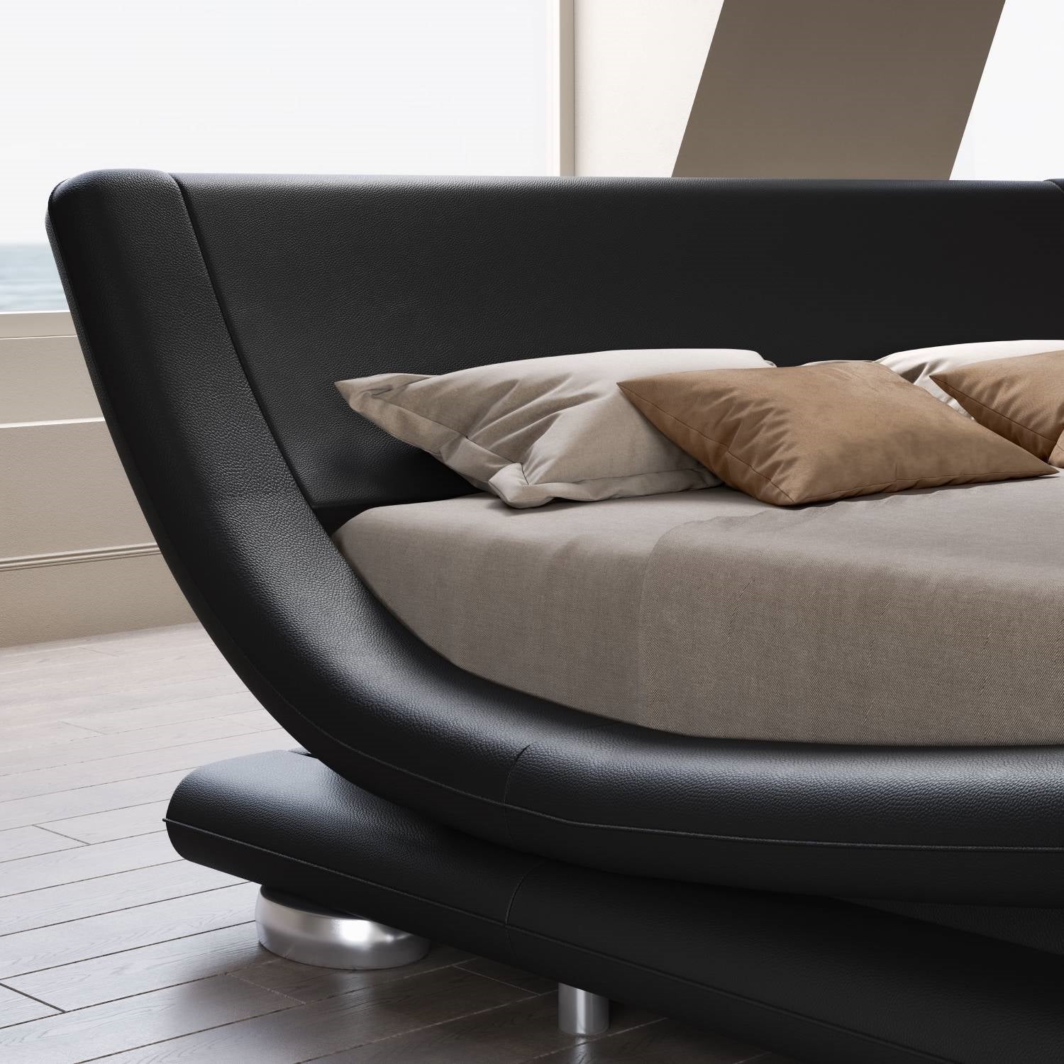 King Modern Black Upholstered Platform Bed Frame with Sleigh Curved Headboard in a contemporary bedroom setting
