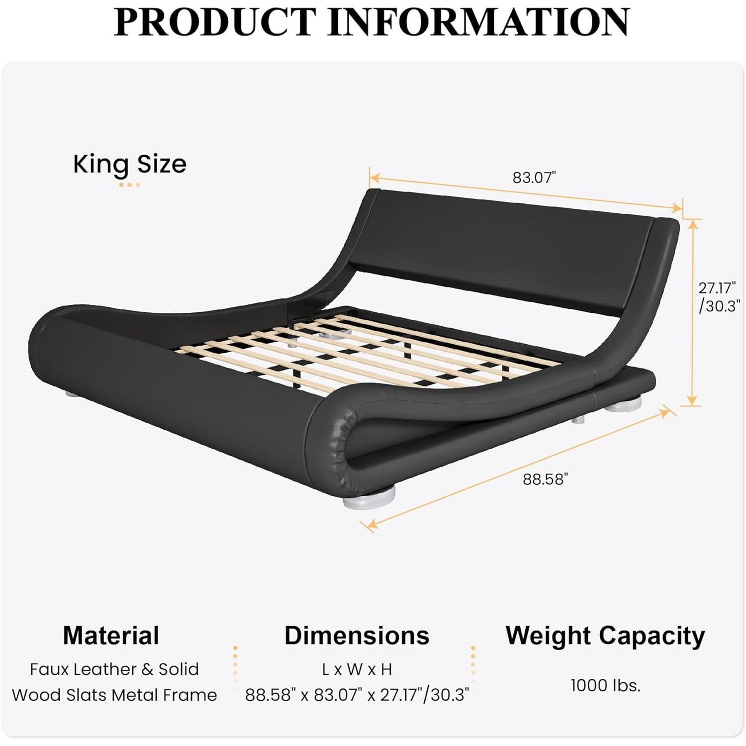 King Modern Black Upholstered Platform Bed Frame with Sleigh Curved Headboard in king size dimensions and materials