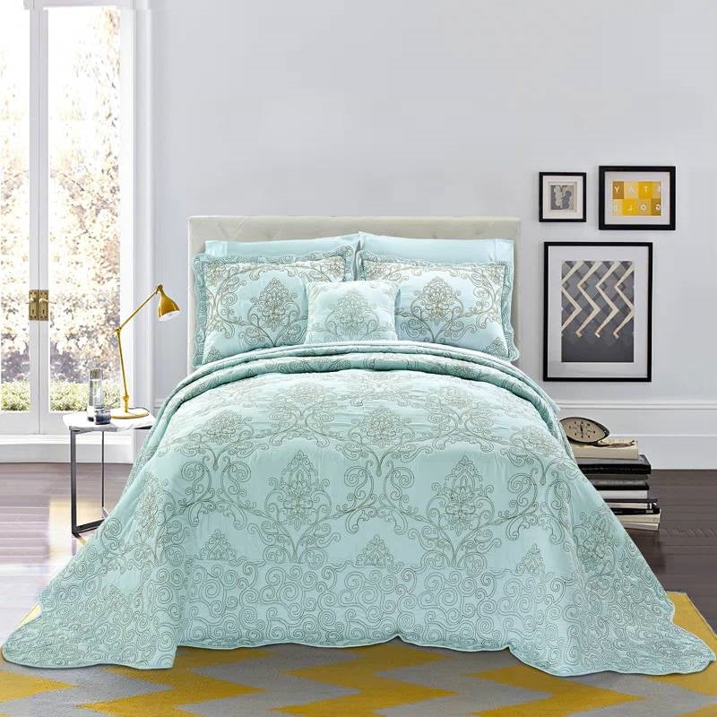 King size Light Blue Damask Embroidered 4 Piece Oversized Bedspread Set displayed in a modern bedroom setting.
