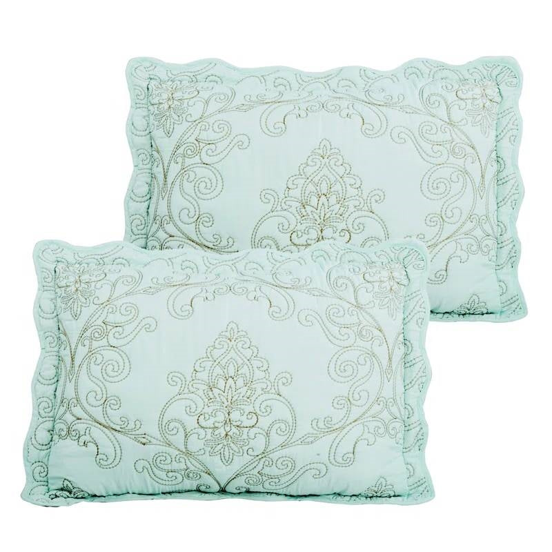 King size Light Blue Damask Embroidered 4 Piece Oversized Bedspread Set pillows featuring intricate embroidery