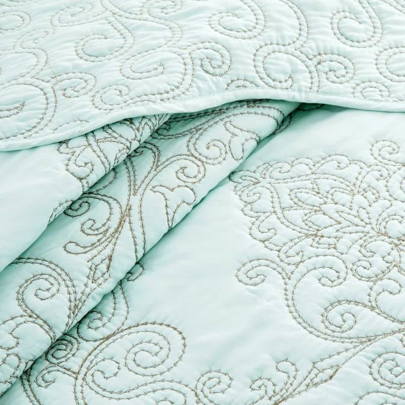 Close-up of King size Light Blue Damask Embroidered 4 Piece Oversized Bedspread Set with detailed quilted design