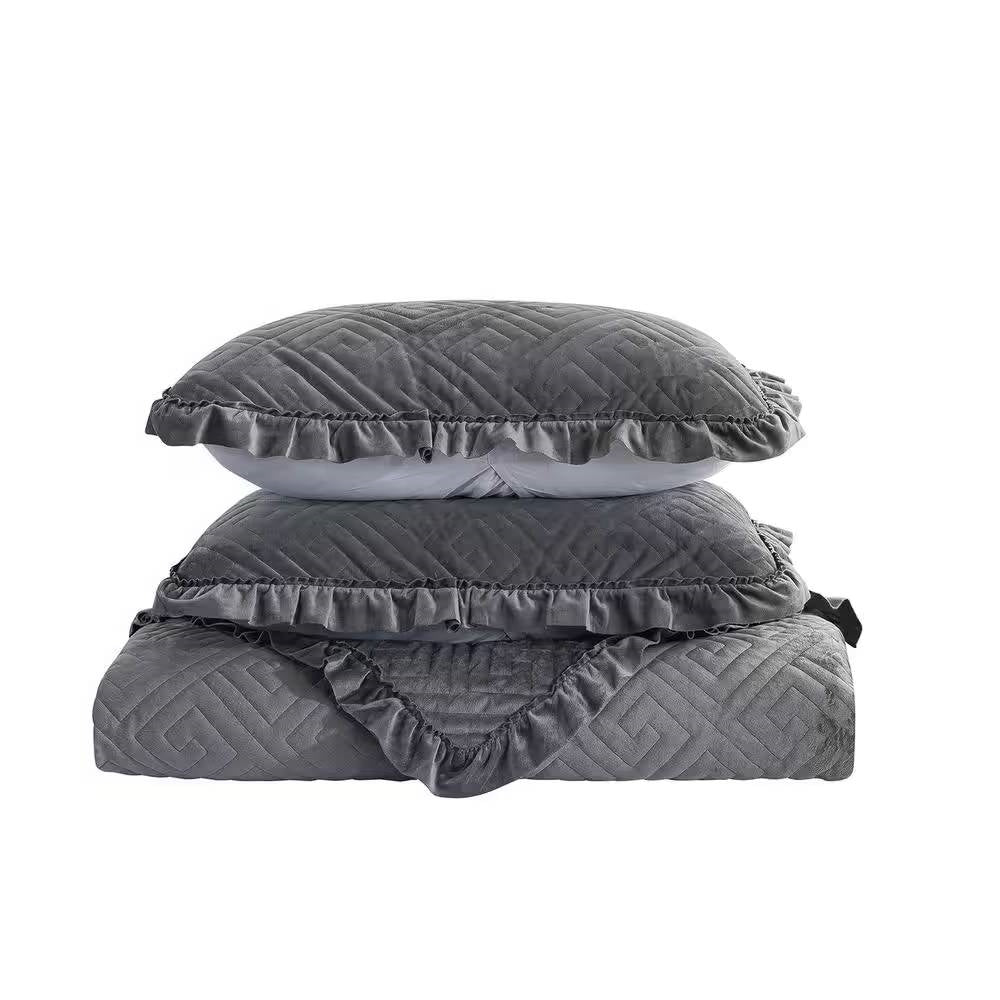 King Gray Charcoal Velvet Microfiber Polyester Reversible 3-Piece Quilt Set stacked neatly