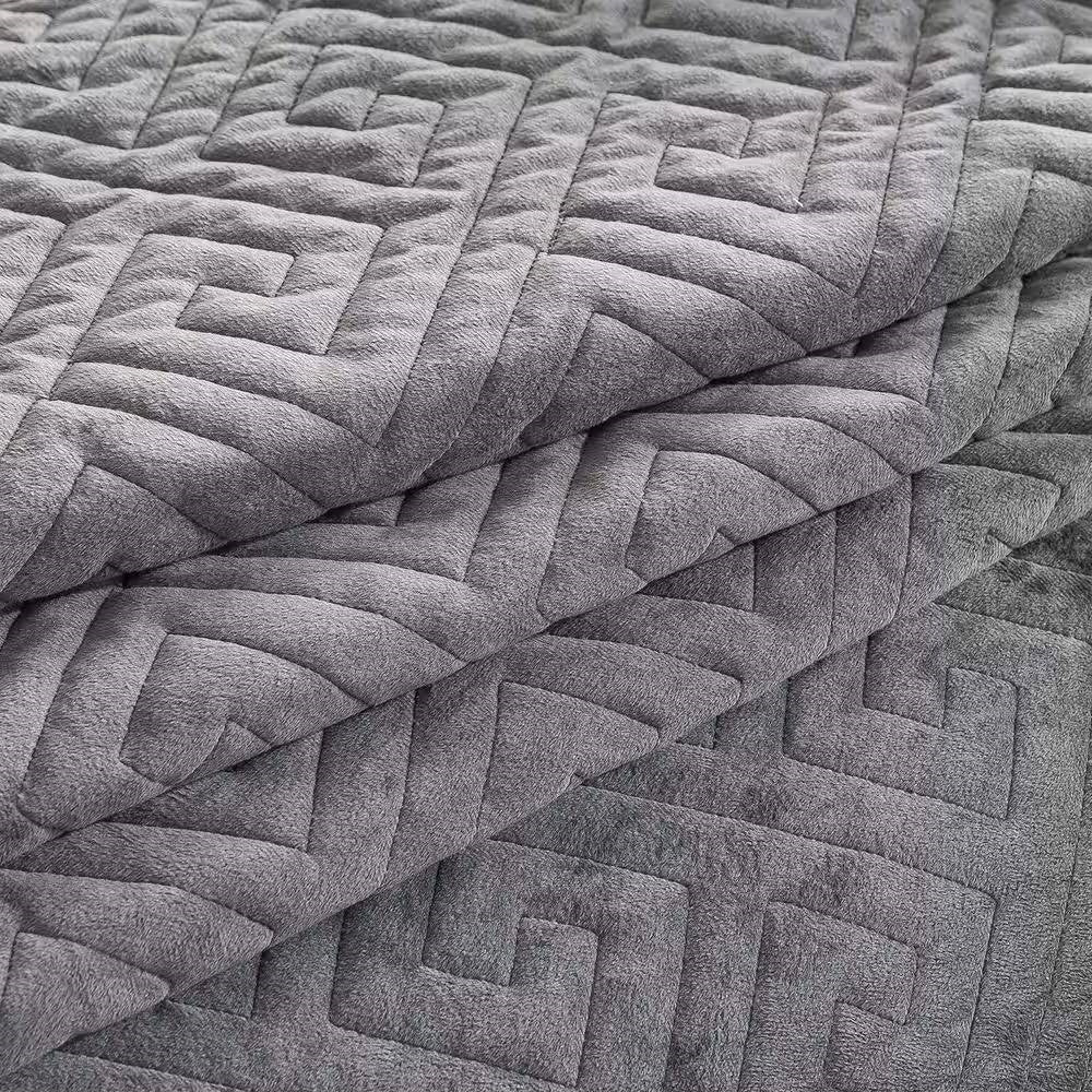 King Gray Charcoal Velvet Microfiber Polyester Reversible 3-Piece Quilt Set with unique stitching pattern