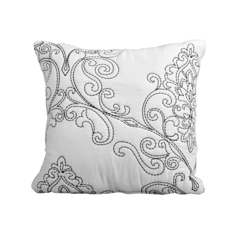 King size White Damask Embroidered 4 Piece Oversized Bedspread Set showing detailed pillow embroidery design