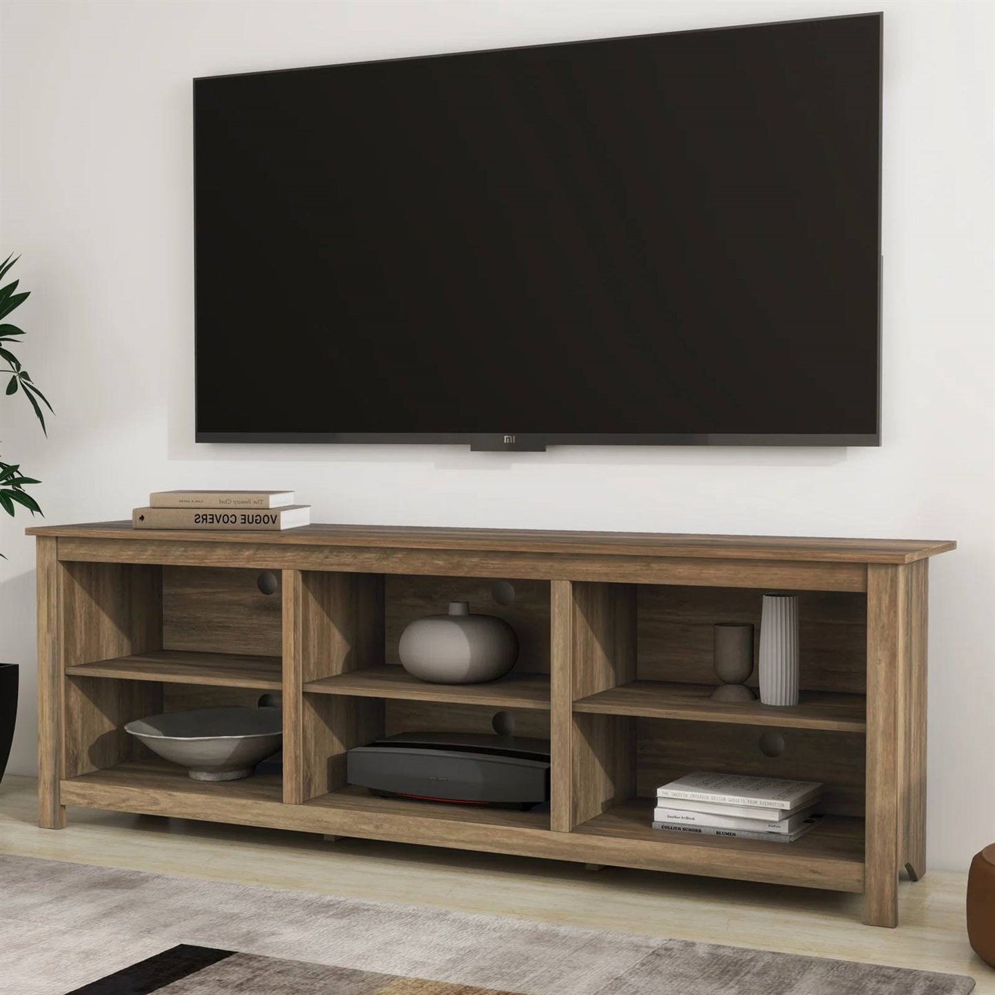 Farmhouse Style TV Stand with 6 Storage Compartments in Brown Oak Wood Finish for TVs up to 70 inches