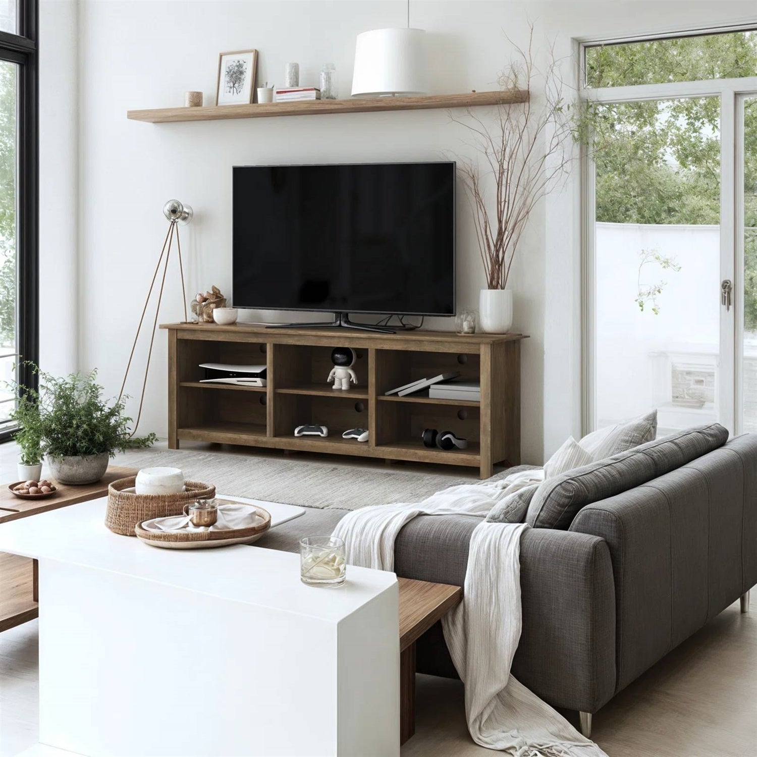 Farmhouse Style TV Stand with 6 Storage Compartments in Brown Oak Wood Finish in modern living room setup with decor.