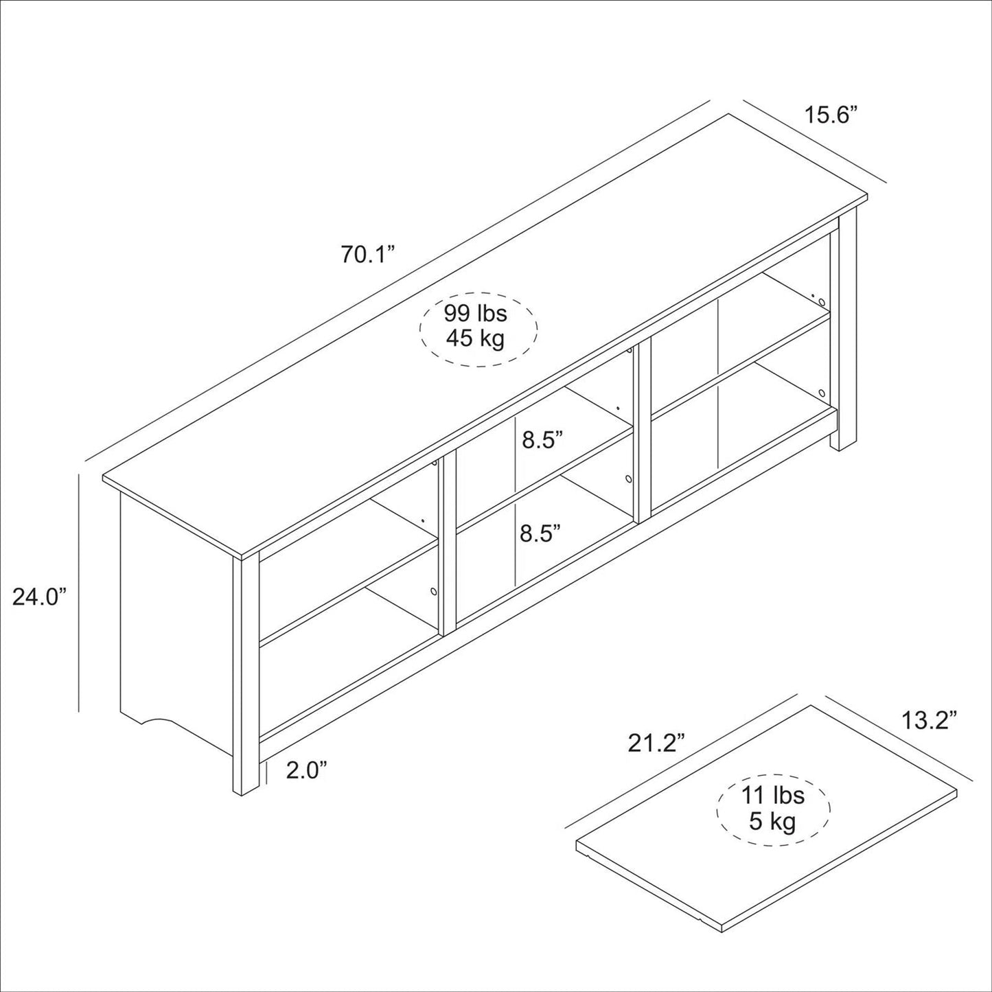 Dimensions diagram of Farmhouse Style TV Stand with 6 Storage Compartments in Brown Oak Wood Finish