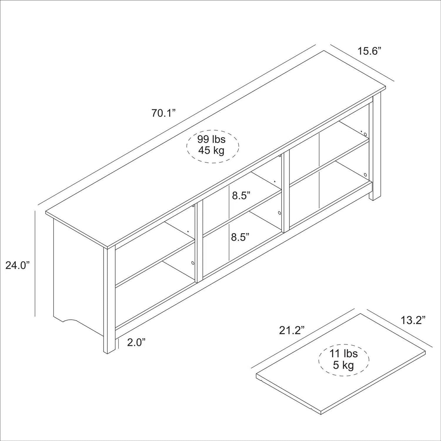 Dimensions diagram of Farmhouse Style TV Stand with 6 Storage Compartments in Brown Oak Wood Finish
