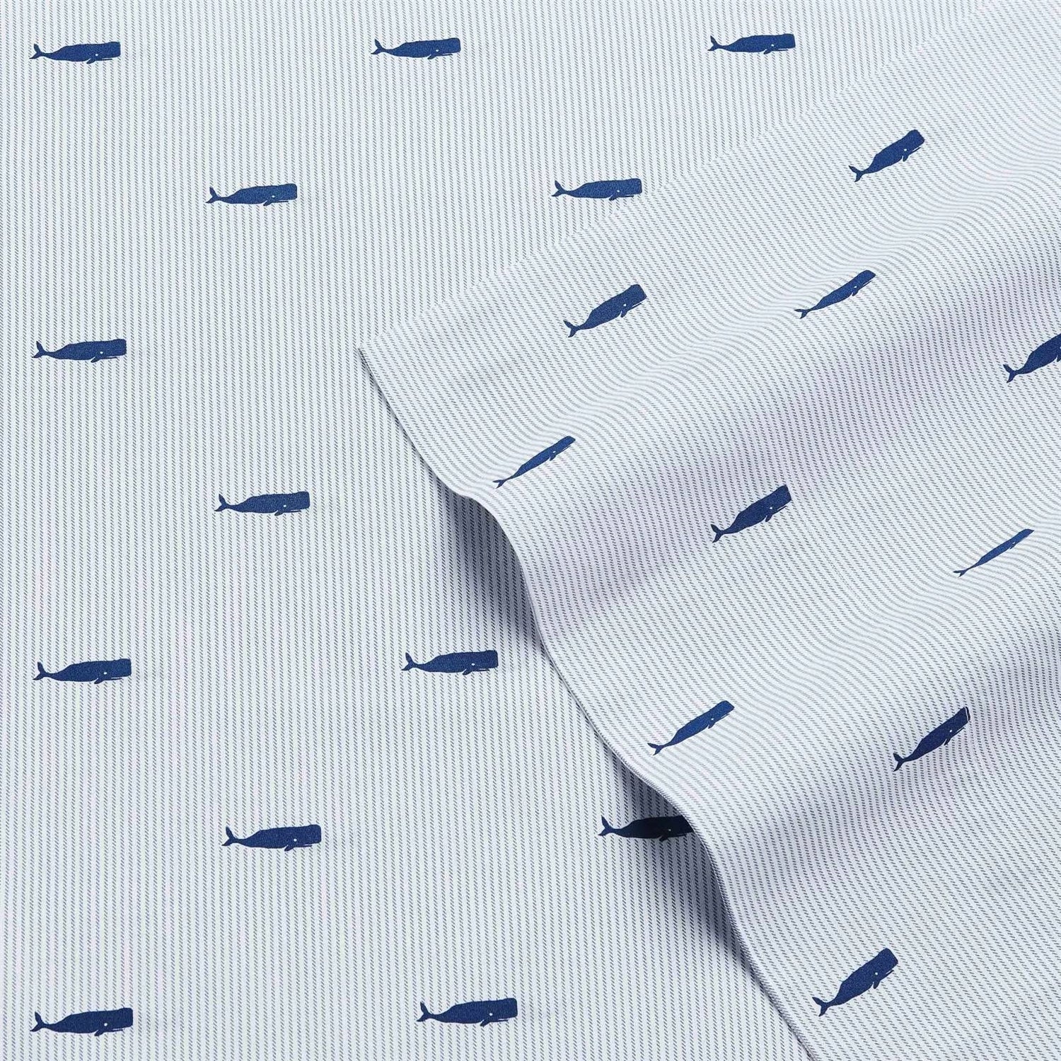 King size Coastal Beach 100-Percent Cotton Navy Blue White Stripe Sheet Set with whale pattern