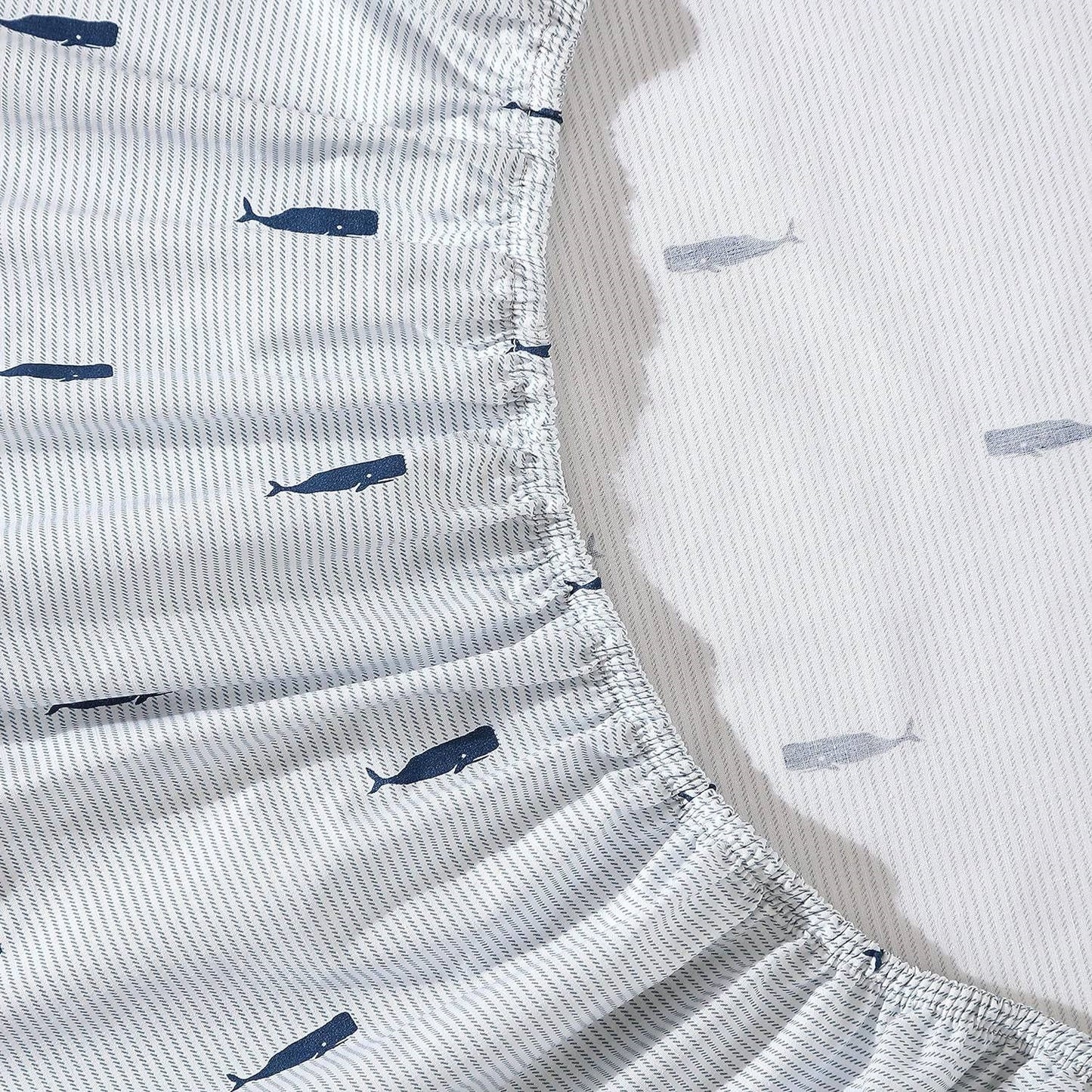 King size Coastal Beach 100-Percent Cotton Navy Blue White Stripe Sheet Set with nautical whale pattern fitted sheet detail