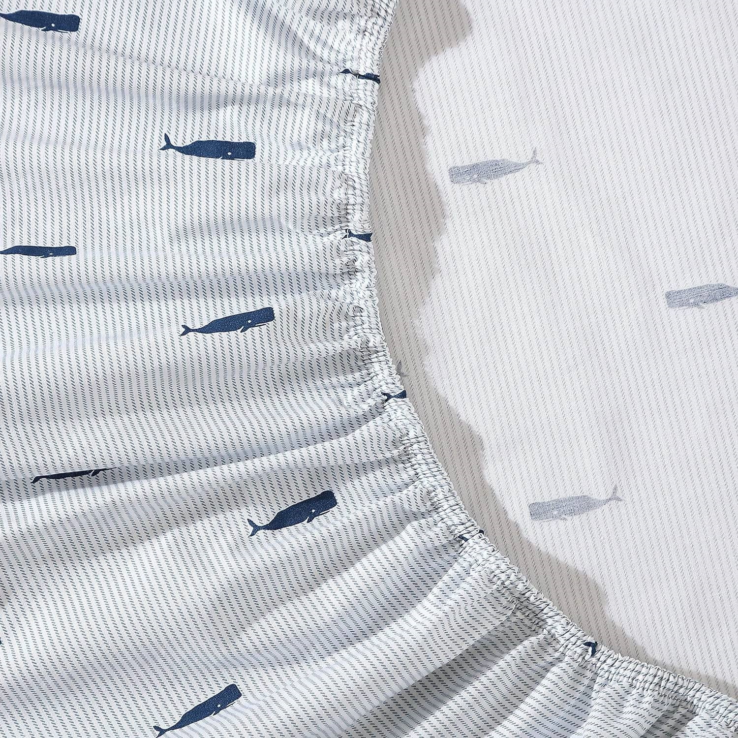 King size Coastal Beach 100-Percent Cotton Navy Blue White Stripe Sheet Set with nautical whale pattern fitted sheet detail