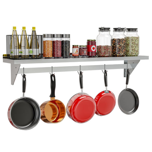 Stainless Steel Heavy Duty Wall Shelf with Pot Rack - 12 inches x 60 inches, holding jars and hanging pans.