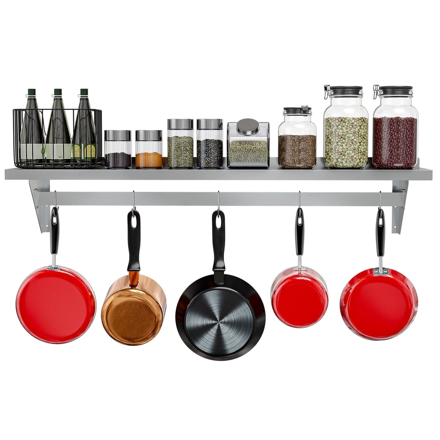 Stainless Steel Heavy Duty Wall Shelf with Pot Rack - 12 inches x 60 inches with kitchen items and hanging pans.