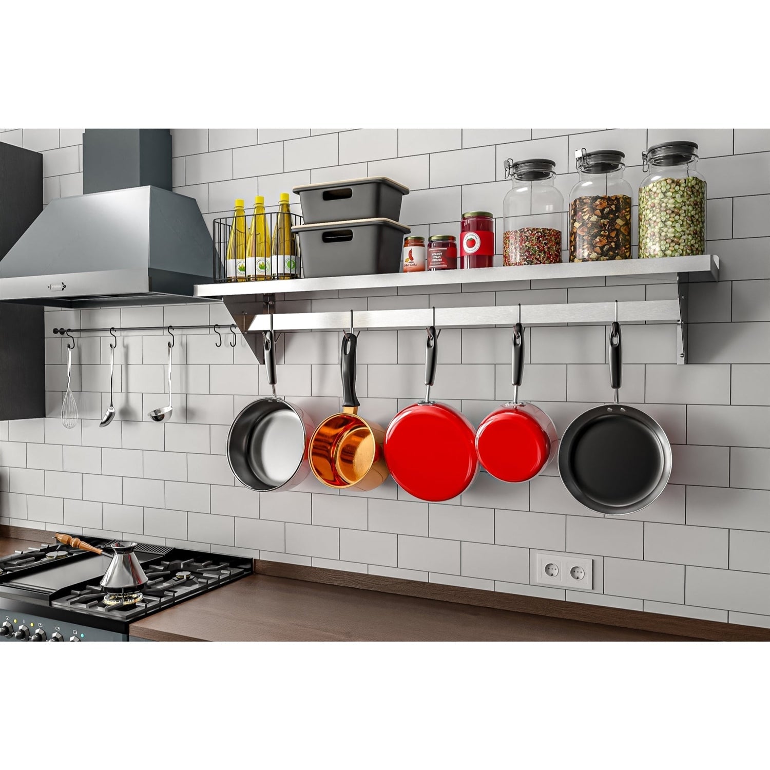 Stainless Steel Heavy Duty Wall Shelf with Pot Rack - 12 inches x 60 inches in a kitchen with pots and jars on top and hooks below