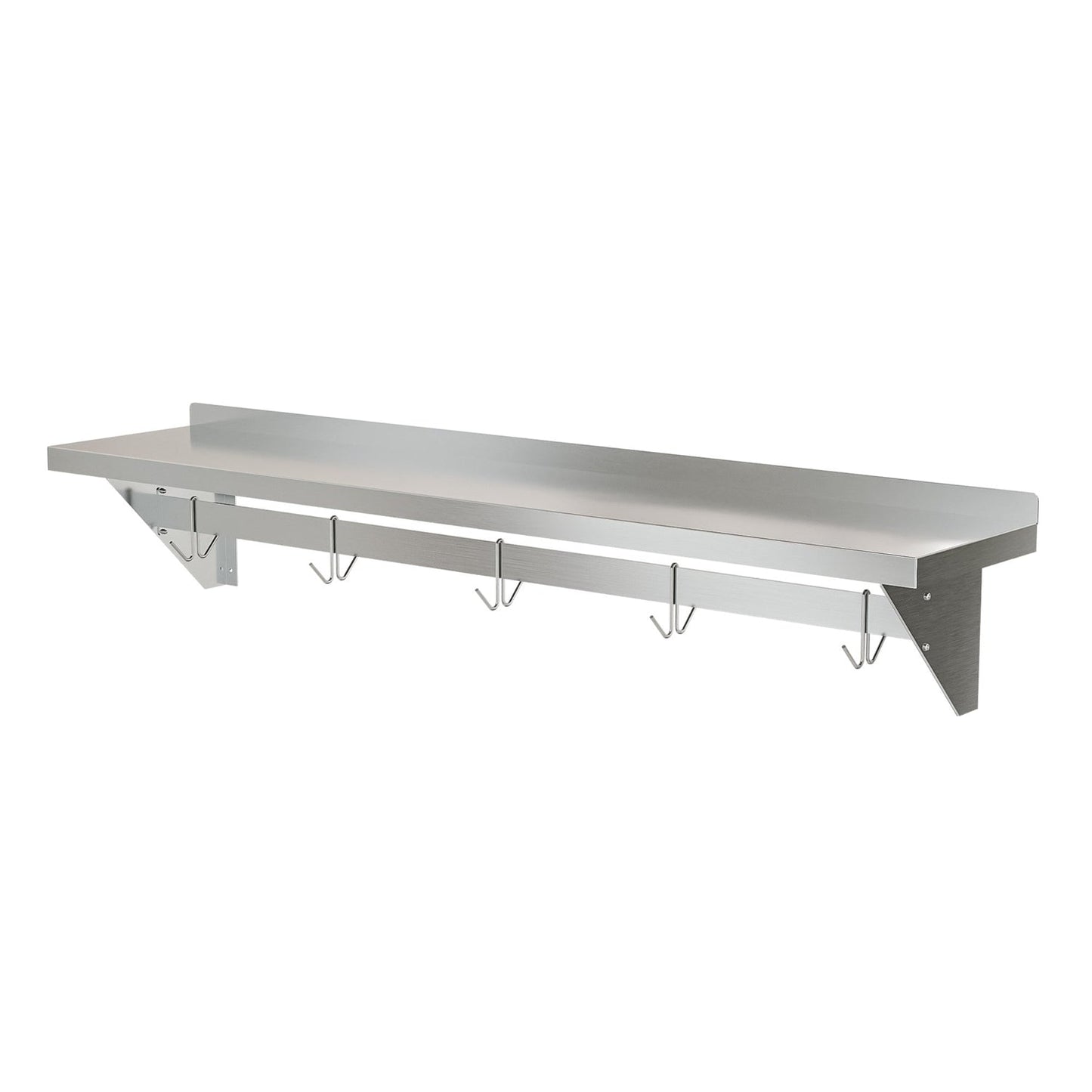 Stainless Steel Heavy Duty Wall Shelf with Pot Rack - 12 inches x 60 inches with hooks for pots and pans