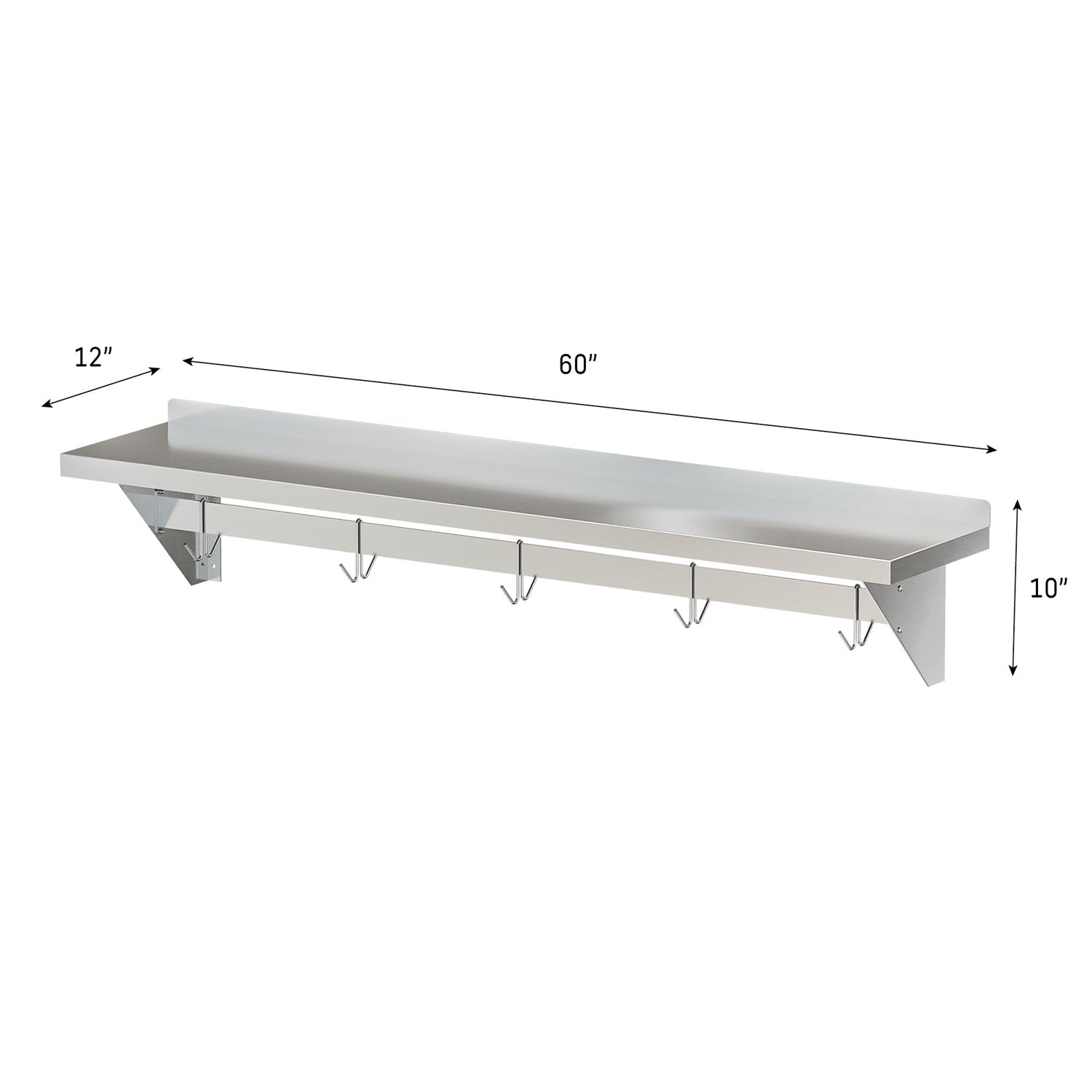 Stainless Steel Heavy Duty Wall Shelf with Pot Rack - 12 inches x 60 inches featuring hooks for kitchen storage and organization.