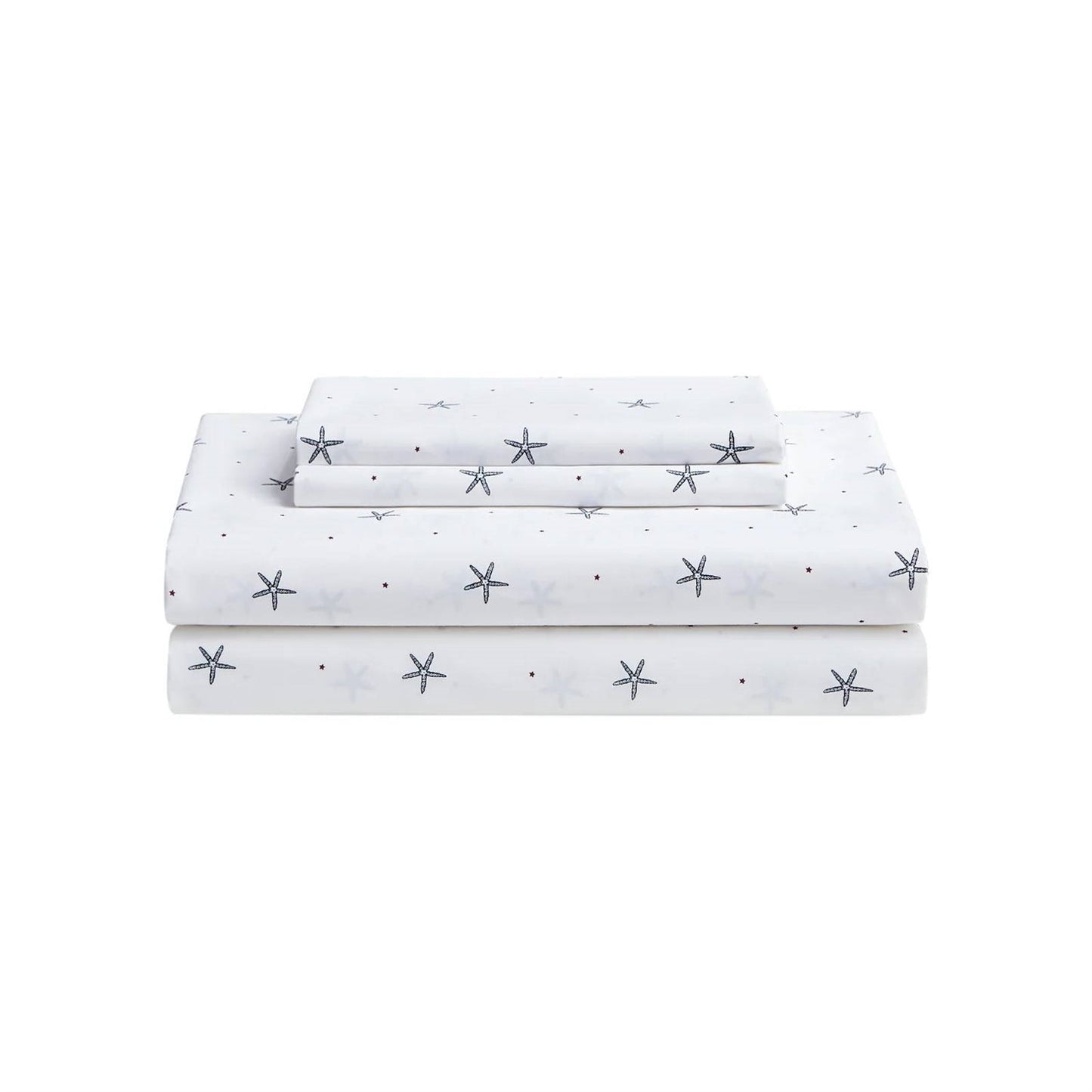 King size Coastal Beach Starfish White Navy Red 100-Percent Cotton Sheet Set stacked neatly