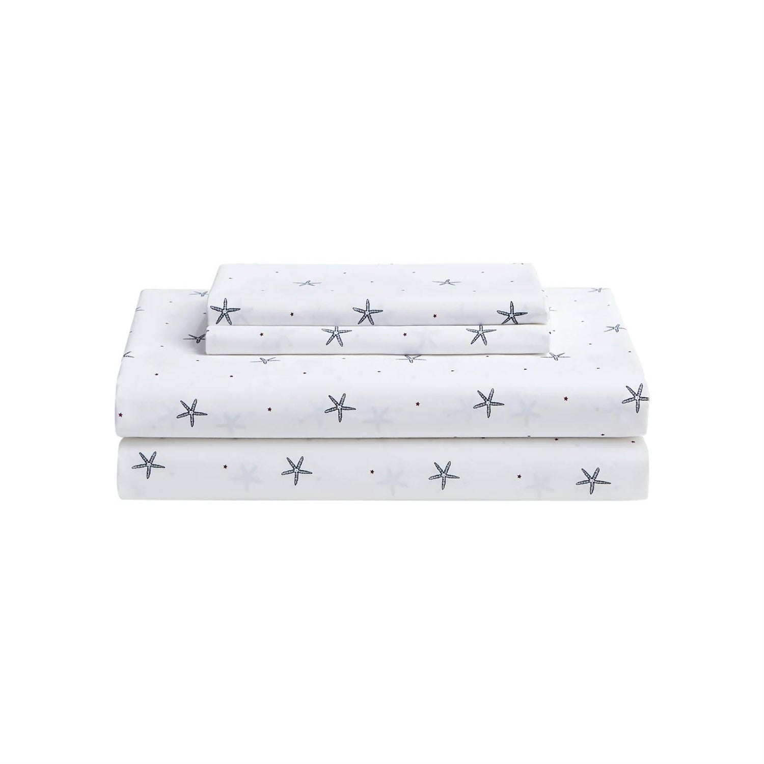 King size Coastal Beach Starfish White Navy Red 100-Percent Cotton Sheet Set stacked neatly