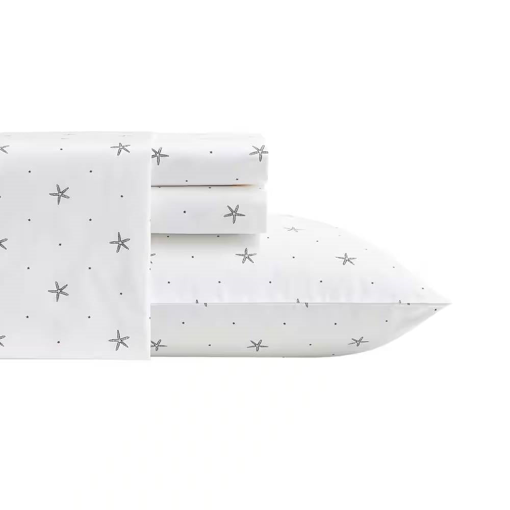 King size Coastal Beach Starfish White Navy Red 100-Percent Cotton Sheet Set with starfish design on pillowcase and sheets.