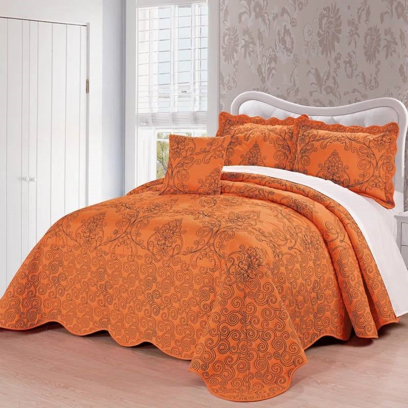 King size Orange Nectarine Damask Embroidered 4 Piece Oversized Bedspread Set on bed in elegant bedroom decor