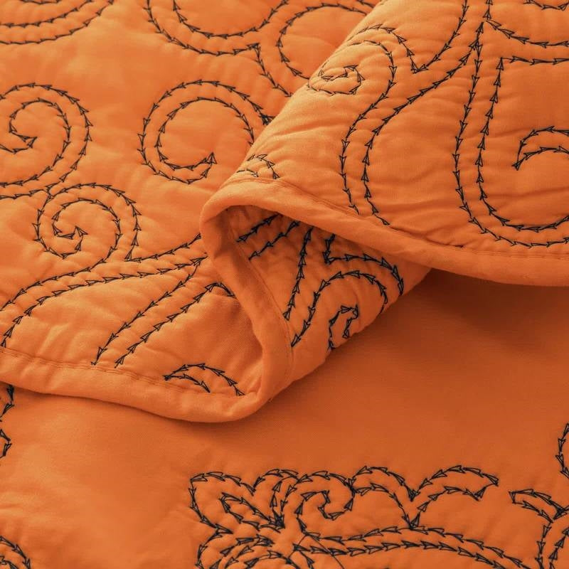 Close-up of King size Orange Nectarine Damask Embroidered 4 Piece Oversized Bedspread Set with quilted details