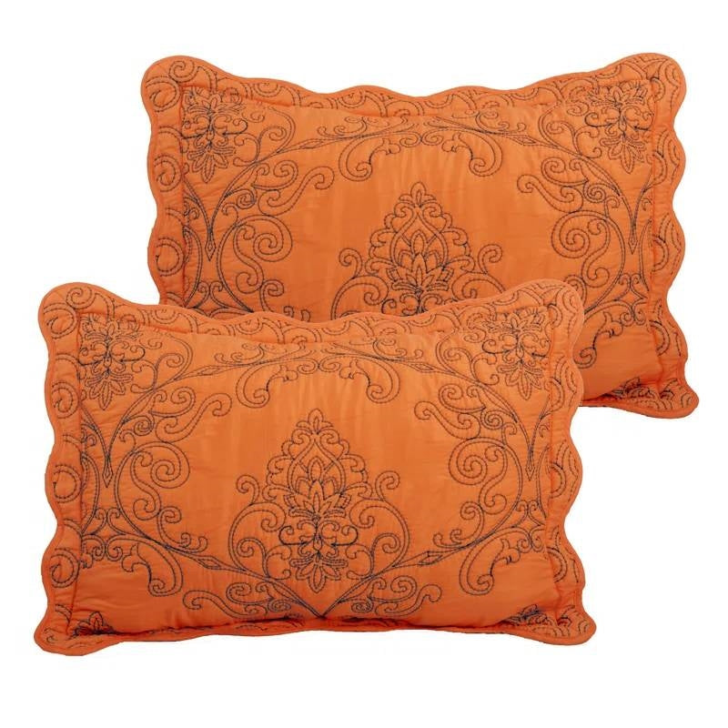 King size Orange Nectarine Damask Embroidered 4 Piece Oversized Bedspread Set with decorative pillow shams