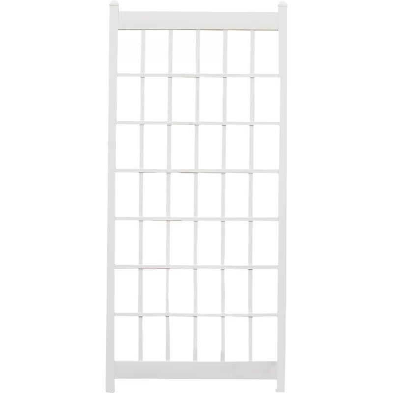 Outdoor 85-inch x 38-inch White PVC Vinyl Lattice Garden Trellis with solid frame and square lattice pattern.