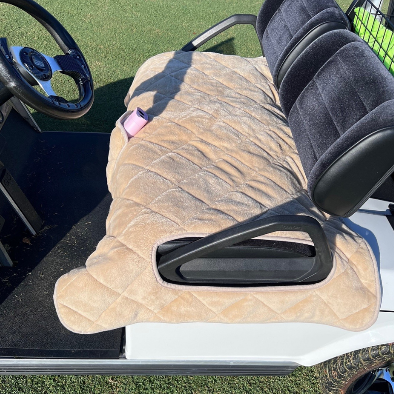 Universal Golf Cart Seat Covers in beige, adding style and comfort to golf carts with plush padding and a soft interior lining