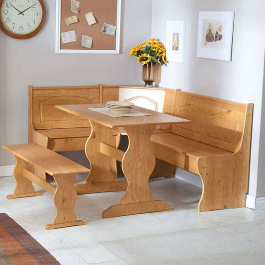 Reversible 3-Piece Corner Dining Set Light Honey Natural Wood Finish in a cozy kitchen corner.
