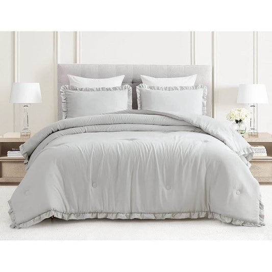 Queen Oversized Grey Ruffled Edge Microfiber Comforter Set displayed on bed