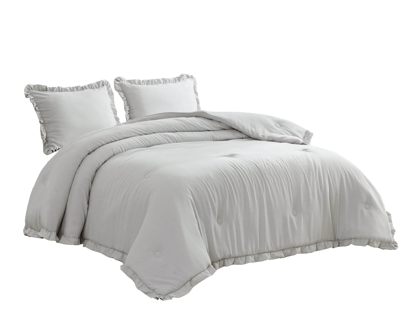 Queen Oversized Grey Ruffled Edge Microfiber Comforter Set on bed with pillows.