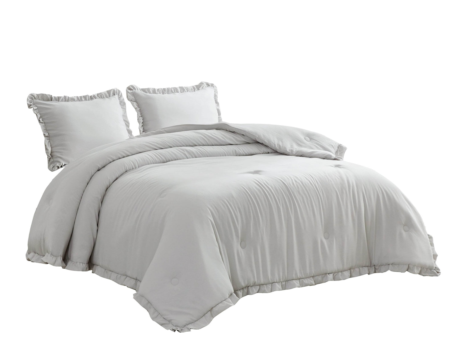 Queen Oversized Grey Ruffled Edge Microfiber Comforter Set on bed with pillows.