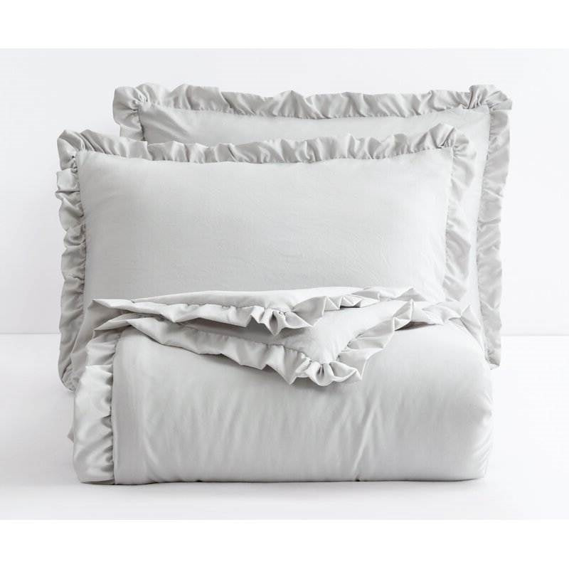 Queen Oversized Grey Ruffled Edge Microfiber Comforter Set displayed with pillow shams and ruffled trim.