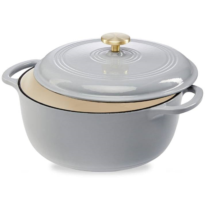 6 Quart Large Light Grey Enamel Cast-Iron Dutch Oven Kitchen Cookware with lid on a white background