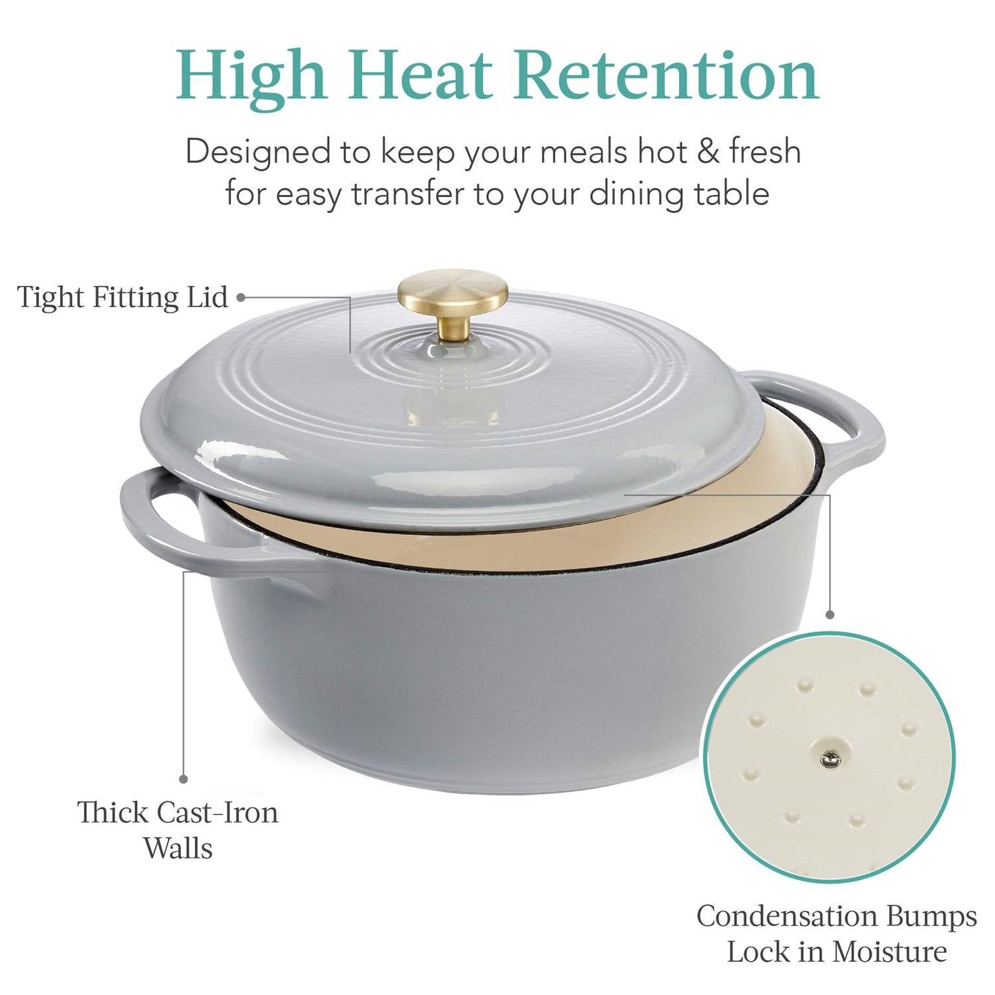 6 Quart Large Light Grey Enamel Cast-Iron Dutch Oven Kitchen Cookware with lid, thick walls, and condensation bumps for heat retention.