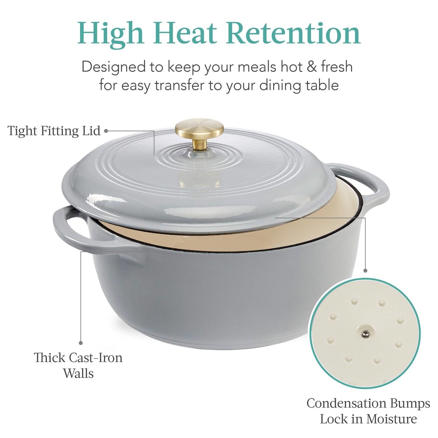6 Quart Large Light Grey Enamel Cast-Iron Dutch Oven Kitchen Cookware with lid, thick walls, and condensation bumps for heat retention.